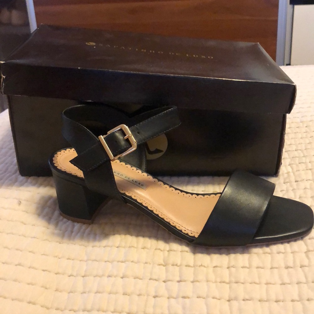 Black leather strapy heel sandals